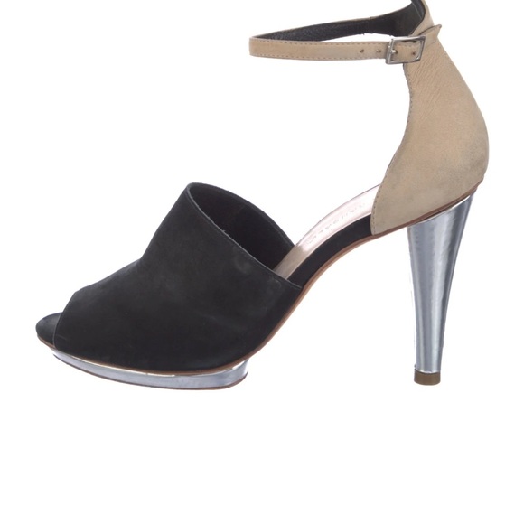 Rare Loeffler Randall Black Tan Leather Suede METAL Heels Sandals Shoes 8.5 - Picture 2 of 9